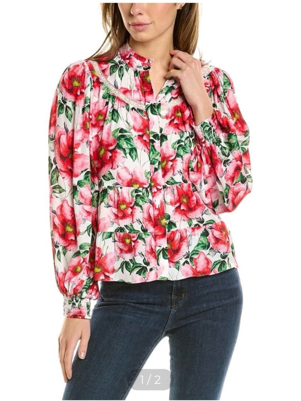 Alice + Olivia Jaclyn Puff Sleeve Lace Trim Blouse